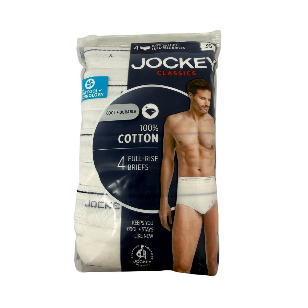 Jockey Classics Men's 36 Full Rise‎ Briefs 4-Pack 100% Cotton White NEW.